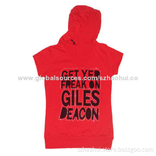 Women's cotton special design V-neck T-shirt with hood, silkscreen print with hot stones decoration